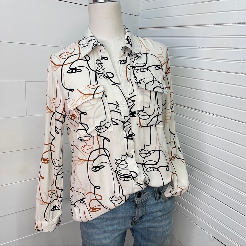 Milk & Honey Abstract Face Print Rayon Blouse - image 1